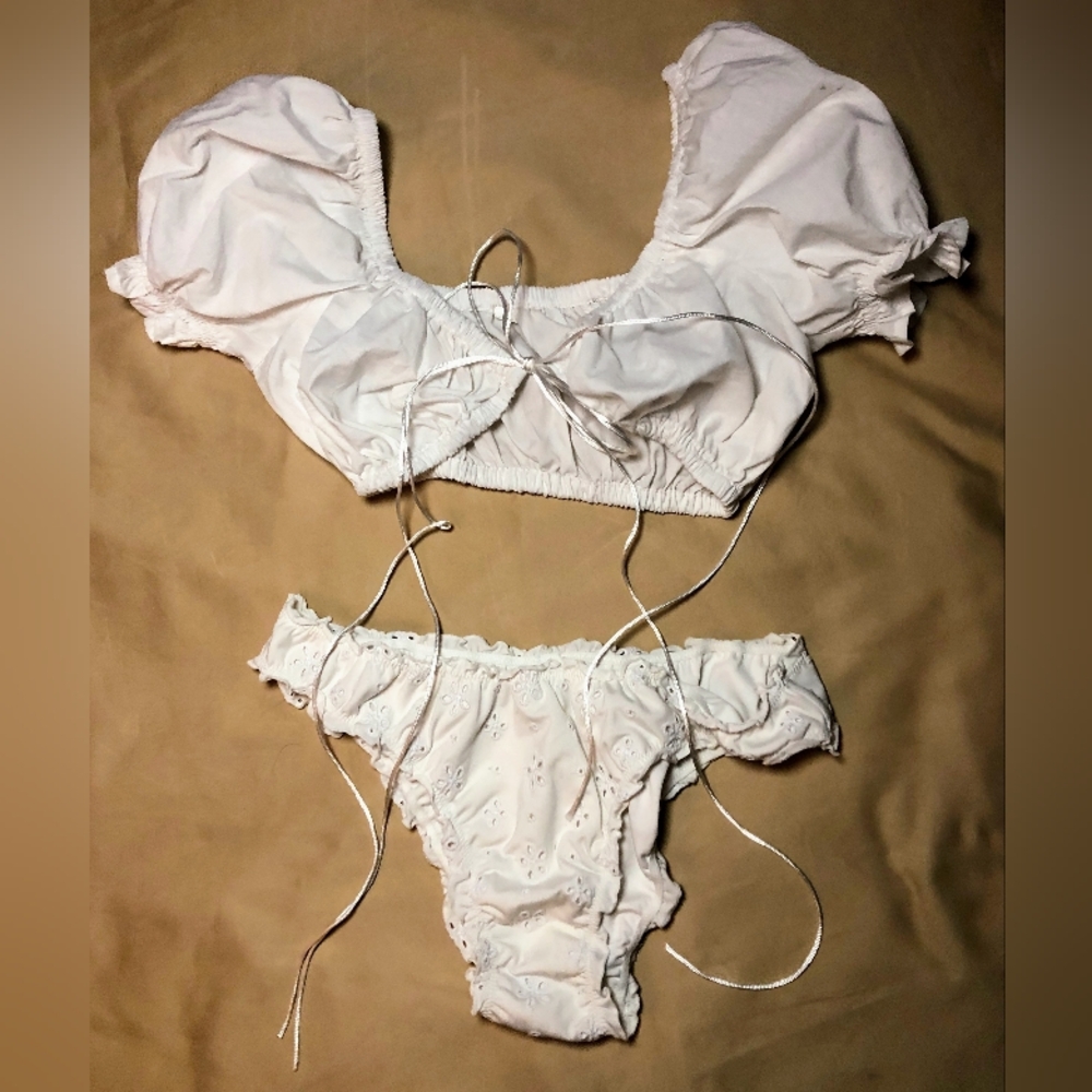 White Puff Sleeve Crop Top and Eyelet Panty Set